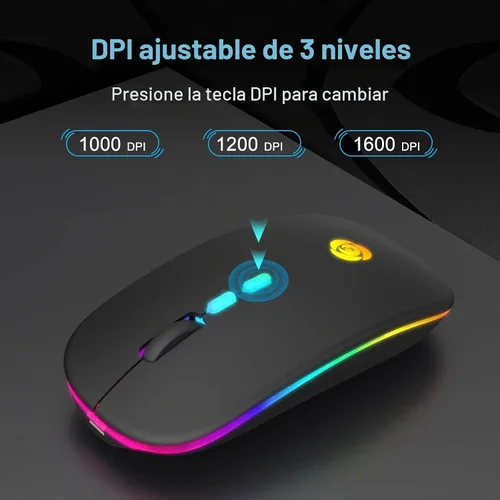 Vista 3 de CC Store Ratón Bluetooth inalámbrico LED y conexión instantánea de 2.4 GHz, recargable ultra silencioso, delgado, 3 DPI ajustables, 2 modos de Negro
