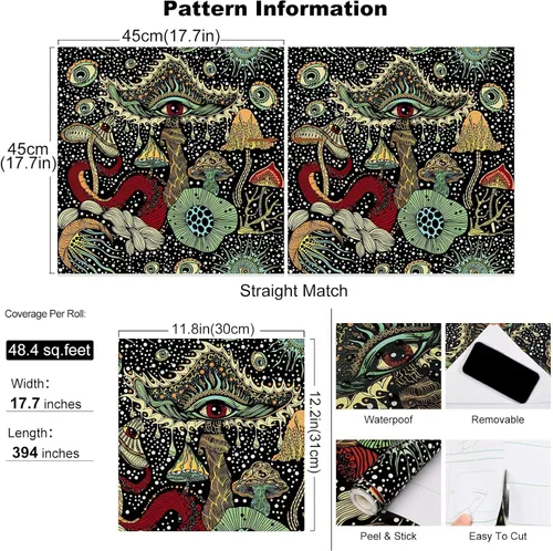 Vista 5 de WENMER Papel tapiz bohemio de hongos de despegar y pegar de 17.7 pulgadas x 39.4 pies - Papel de contacto de plantas/ojos/hongos, vinilo floral