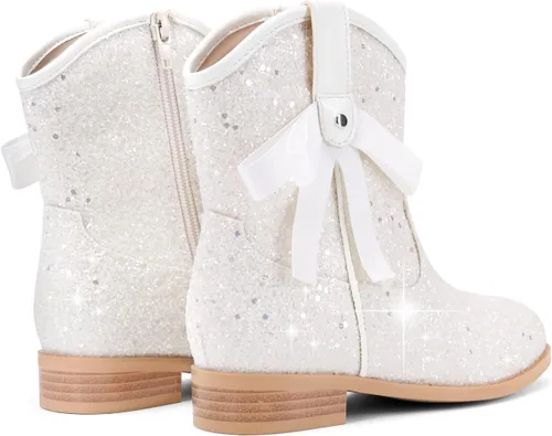 Vista 7 de Coutgo Botas vaqueras para niñas, botas de tacón bajo con purpurina, botas Blanco