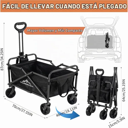 Vista 7 de WUROMISE Beach Wagon - Carro de carro con ruedas plegable, carrito de jardín resistente con ruedas giratorias, gran capacidad y mango ajustable