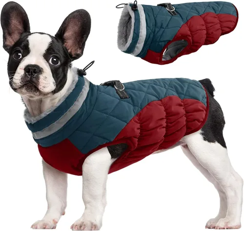 Vista 22 de Abrigo para perro, chaqueta cálida de invierno, acolchada, de vellón, chaleco reflectante con arnés, chaqueta de nieve impermeable con cremallera, a