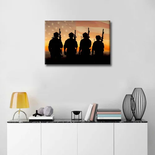 Vista 3 de TUMOVO Arte abstracto para pared, imágenes impresas en lienzo con la bandera estadounidense, arte moderno de soldados militares, arte de pared