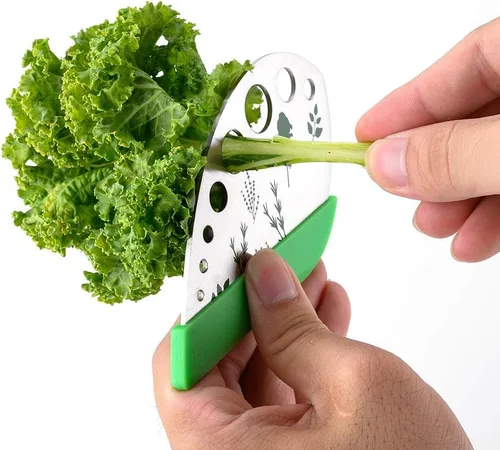Vista 2 de Tijeras para quitar hojas de acero inoxidable Cortador de hierbas, herramienta de pelado, gadget de cocina vegetal, soporte protector