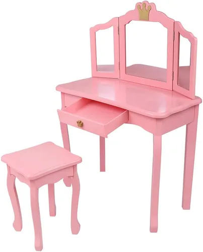 Vista 3 de Juego de tocador para niños Vasitelan, juego de mesa y silla para niñas, con espejo y taburete, mesa de maquillaje y cambiador princesa con cajón B