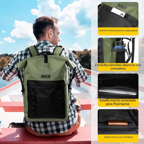 Vista 2 de MIER Mochila impermeable Saco con cierre de parte superior enrollable Bolsa seca ligera, Mochilas tipo mochila Verde militar/negro