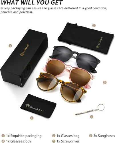Vista 6 de SUNGAIT Gafas de sol redondas vintage para mujeres y hombres, estilo clásico retro