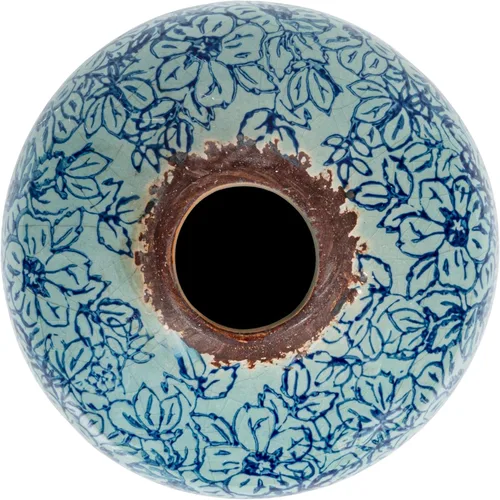 Vista 3 de Creative Co-Op Jarrón decorativo redondo de terracota con patrón floral con acabado envejecido, azul