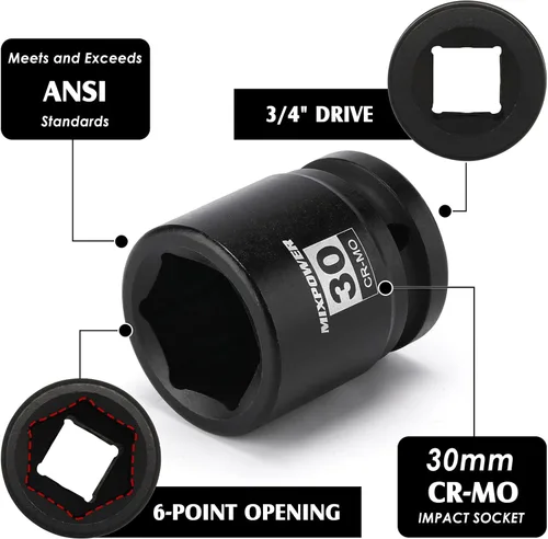 Vista 2 de MIXPOWER Zócalo de impacto poco profundo de 3/4", 1.181 in, CR-MO, métrico, 6 puntos, tuerca de eje de grado de impacto para una fácil extracción