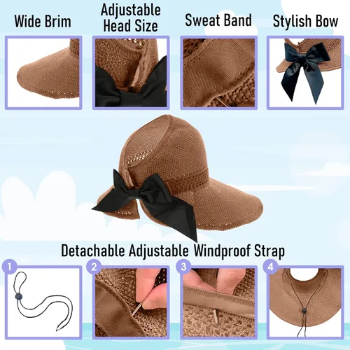 Vista 4 de Visera solar de paja para mujer, ala ancha, protección UPF 50+, sombrero de playa, ajustable, plegable, gorra de cola de caballo con correa