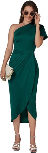 Vista 6 de LYANER Vestido midi de manga corta para mujer, con un hombro descubierto, fruncido, con abertura, abertura en la parte delantera
