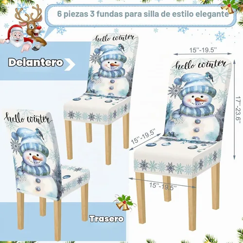 Vista 6 de Preboun 6 fundas elásticas navideñas para sillas de comedor, clásicas, color blanco Removable Washable Stretch, Christmas Winter Holiday Decor