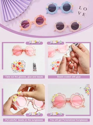 Vista 4 de Dunzy 10 pares de lentes de sol redondos de flores para niños, gafas de bricolaje para exteriores, con 50 margaritas, 100 cuentas de letras al azar
