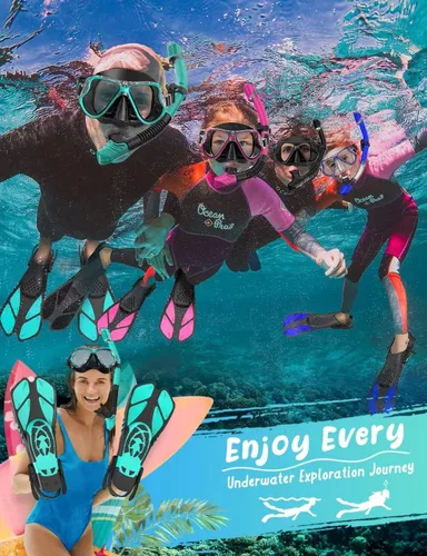 Vista 7 de Juego de Máscara y Aletas de Esnórquel, Equipo de Esnórquel para Adultos, Máscara de Esnórquel con Vista Panorámica Anti-Vaho, Aletas de Buceo