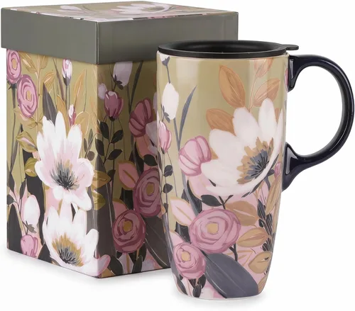Vista 13 de Taza de café de cerámica de 17 onzas con tapa, taza de viaje de porcelana floral de margarita, taza de café alta con asa, apta para microondas