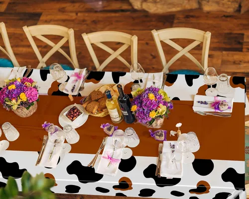 Vista 4 de Oudain 6 manteles de vaca de 54 x 108 pulgadas para fiesta, mantel de vaca, camino de mesa, mantel rectangular de fiesta de cumpleaños, suministros