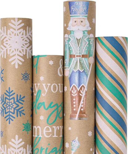 Vista 20 de RUSPEPA Papel de regalo de Navidad, papel kraft – reno, rayas y copos de nieve en diseño azul – 4 rollos – 30 pulgadas x 10 pies por rollo