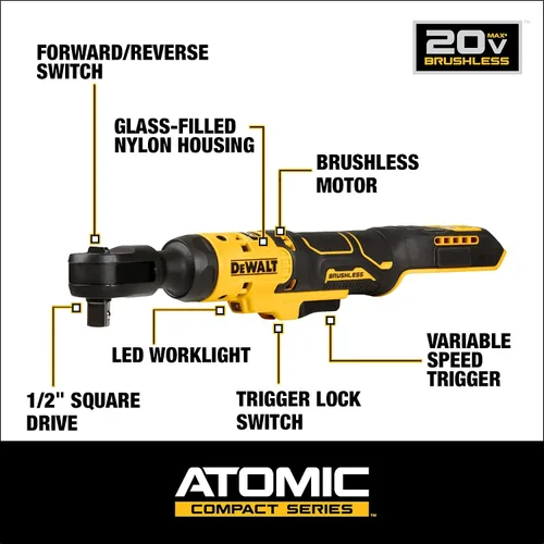 Vista 2 de DEWALT ATOMIC 20V MAX Ratilla inalámbrica sin escobillas, 1/2 pulgada, solo herramienta desnuda (DCF512B)