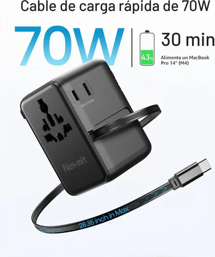 Vista 4 de Adaptador de viaje universal de 70 W, adaptador de corriente internacional Nekmit con cable de carga rápida USB C retráctil, enchufe de viaje de 6