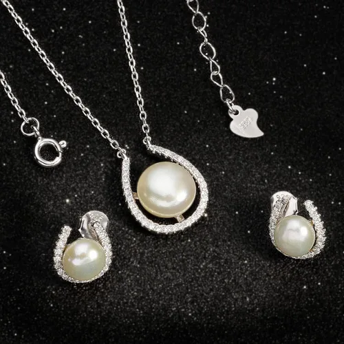 Vista 3 de EVER FAITH Woman's 925 Sterling Silver Cubic Zirconia AAA Freshwater Cultured Pearl Necklace Earrings Set Birthday Mother's Day Jewlery Gift for