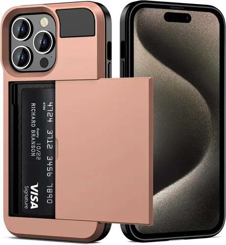 Vista 9 de Vofolen - Funda para iPhone 15 Pro con tarjetero, color negro Dual Layer Shockproof Wallet Phone Case, Hidden Card Slot Sliding Protective Hard