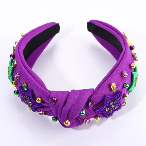 Vista 4 de MOLOCH Diadema de Mardi Gras para mujer, con cuentas moradas, amarillas, verdes, estrellas, diadema anudada, carnaval, joyería de cristal, nudo