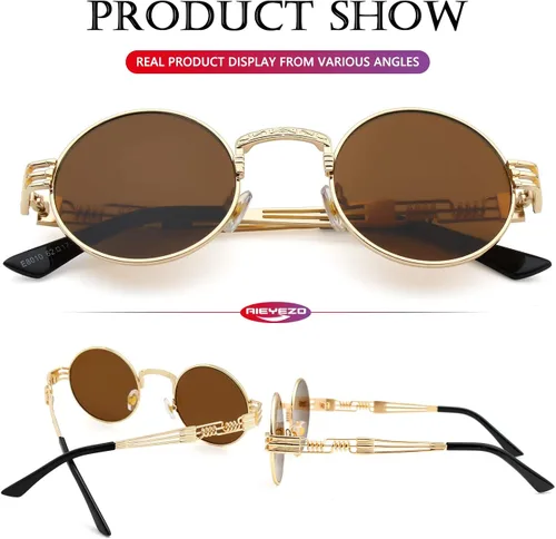 Vista 6 de AIEYEZO Gafas de sol redondas steampunk Circle Lennon Hippie, marco de metal, lente de bloqueo UV 100%
