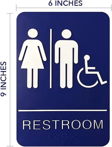 Vista 4 de Letrero de baño unisex en Braille – Letrero de baño azul con cinta 3M de doble cara segura ideal en menos de un minuto – Diseño único – Tamaño 9 x 6