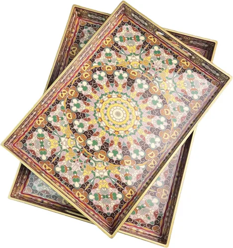 Vista 10 de Bandeja de servir azul con 4 asas, bandeja decorativa de plástico para mesa de café, otomana - Ideal para sala de estar y baño. 15 x 11 x 1.9