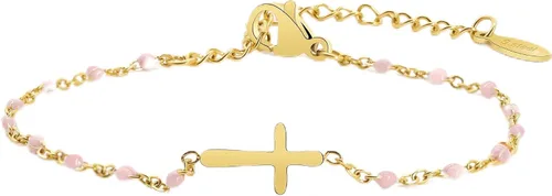 Vista 15 de Pulsera de Cuentas con Cruz Chapada en Oro de 14K para Mujeres, Pulsera de Acero Inoxidable Ajustable con Cruz de Fe Religiosa, Pulsera de Cadena