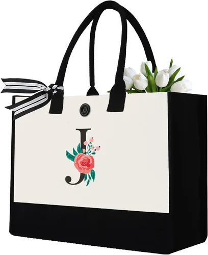 Vista 30 de Initial Canvas Tote Bag, Monogrammed Tote Bags Suitable for Mother's Day Wedding Beach