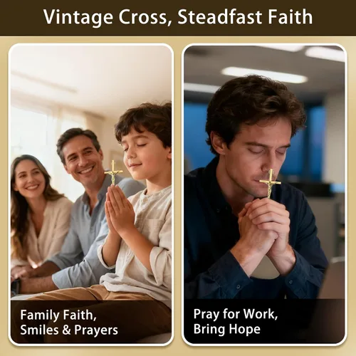 Vista 5 de KUXBET Cruz con Crucifijo, Crucifijo de Jesús en Oro Metálico, Regalo de Bolsillo de Cruz de Estrés para Aliento/Animo para Fe Cristiana, Oración