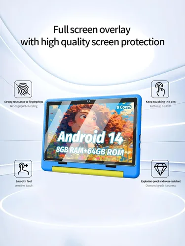 Vista 2 de Protector de pantalla para tableta URAO 2024 Android 14 para niños de 10 pulgadas, dureza 9H resistente al tacto, 2.5D, bordes redondeados sin