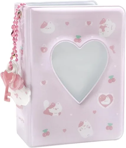 Vista 10 de Mini álbum de fotos de 3 pulgadas, carpeta de tarjetas huecas con corazón, soporte para tarjetas con colgante, 40 bolsillos (oso beige)