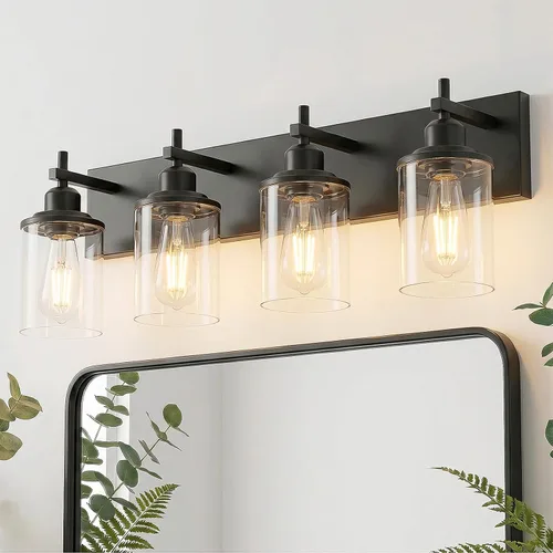 Vista 20 de Lanhall Lámpara de baño de 3 luces, estilo granja, vintage, sobre espejo, de metal pintado en madera y negro con pantalla de cristal, enchufe E26
