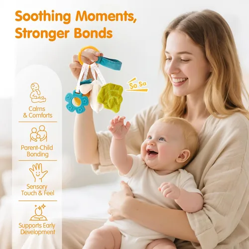 Vista 2 de hahaland Manta de seguridad Baby Lovey, juguete sensorial colgante de felpa con mordedor, sonajero y arruga para bebés de 0 a 3 a 6 a 12 meses