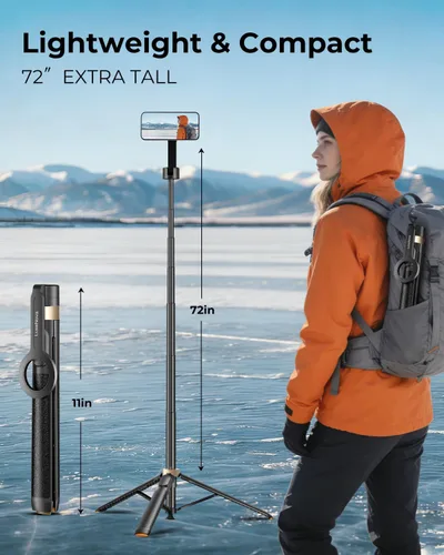 Vista 5 de Trípode magnético para selfie stick de 72 pulgadas para iPhone MagSafe, soporte de trípode extensible para teléfono con control remoto Bluetooth