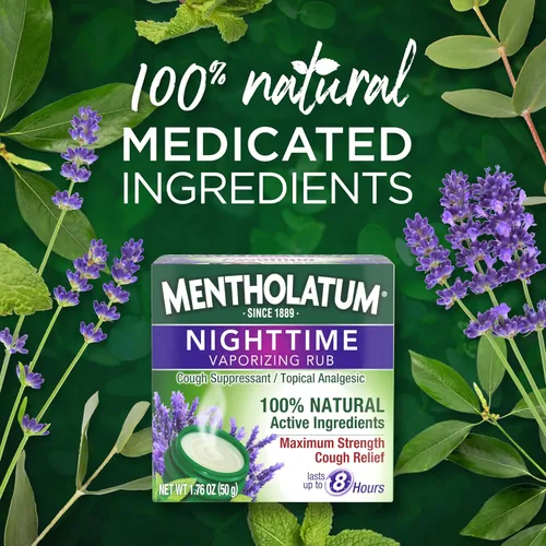 Vista 5 de Mentholatum Ungüento de Fricción Vaporizante Nocturno, Aroma a Lavanda, Supresor de Tos de Fuerza Máxima, Fricción Tópica para el Pecho y Pomada