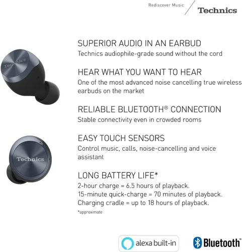 Vista 2 de Technics Auriculares inalámbricos verdaderos, auriculares Bluetooth, tecnología híbrida dual, sonido de alta fidelidad, diseño compacto, compatible