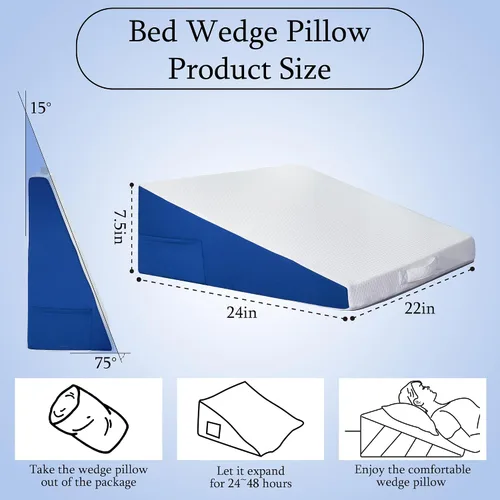 Vista 4 de Almohada de cuña de cama para dormir, cabecera de almohada de cuña de 7.5 pulgadas con funda de almohada extra, almohada triangular de espuma