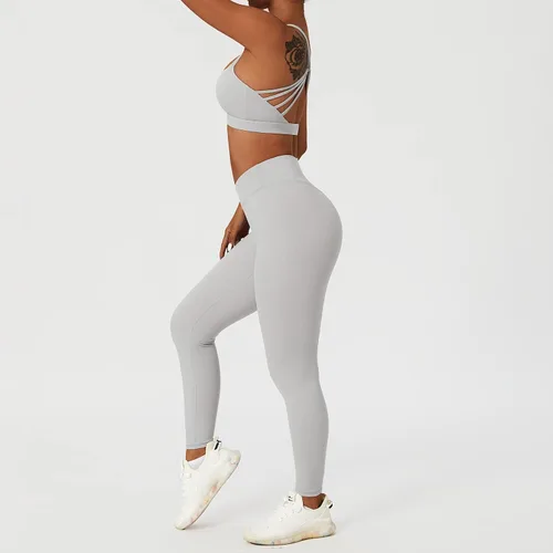 Vista 5 de ABOCIW Conjuntos de entrenamiento para mujer, 2 piezas, cintura cruzada, leggings de cintura alta, tirantes deportivos, para ejercicio, gimnasio