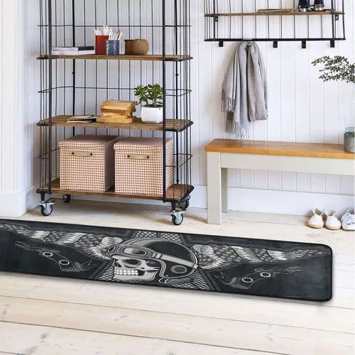 Vista 5 de Calavera con alfombra vintage para motocicleta, alfombra antideslizante para cocina, alfombra de área suave para baño, entrada, pasillo, comedor