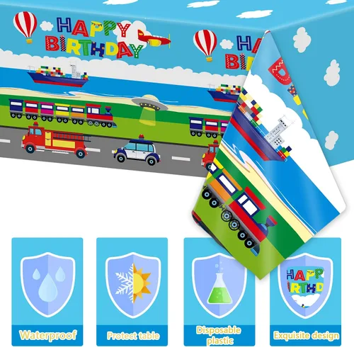 Vista 4 de Wiooffen 3 Piezas Manteles de Cumpleaños de Transporte Suministros de Fiesta de Tráfico Cubierta de Mesa de Vehículo de Transporte Mantel Desechable