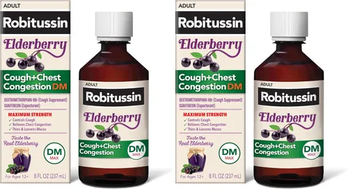 Vista 12 de Robitussin Máxima fuerza para la tos de saúco y la congestión del pecho, DM, supresor de la tos para adultos, proporciona alivio líquido para la tos