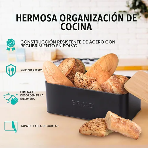 Vista 2 de Caja de pan negra, caja de pan rústica, caja de pan vintage para encimera de cocina, panera negra