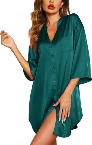 Vista 10 de Ekouaer Camisones de satén para mujer, ropa de dormir de seda con botones, manga 3/4, cuello en V, con bolsillos 01 Negro