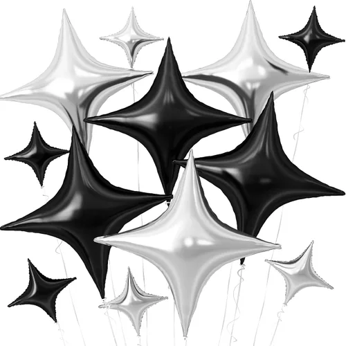 Vista 11 de Globos de Estrella Negra, 12 Piezas Globos de Papel de Aluminio de Estrella de Cuatro Ángulos, 26 Pulgadas y 10 Pulgadas Globo de Película de Negro