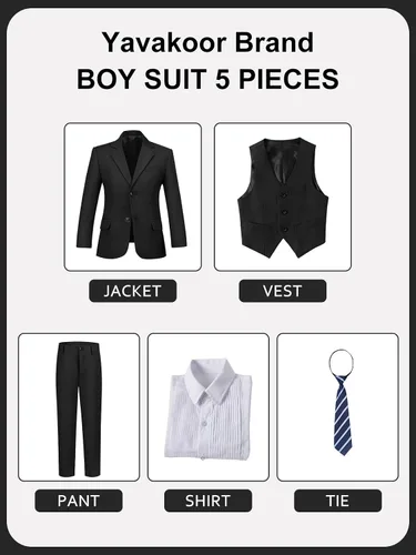 Vista 3 de 5 Piece Boys Suits for Wedding Ring Bearer Outfit Kids Tuxedo Negro (corbata de rayas)