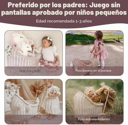 Vista 3 de Wiklibox Cochecito de muñeca de ratán natural, hecho a mano en Europa, se adapta a muñecas de 17 pulgadas y juguetes de peluche, cochecito de muñeca