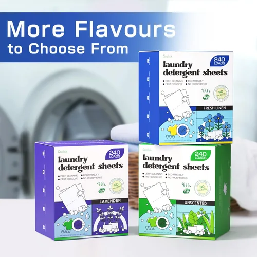 Vista 6 de Soulink Hojas de detergente para ropa con aroma a ropa recién lavada 240 cargas, tiras de detergente ecológicas para viajes y hogar - Sin envases