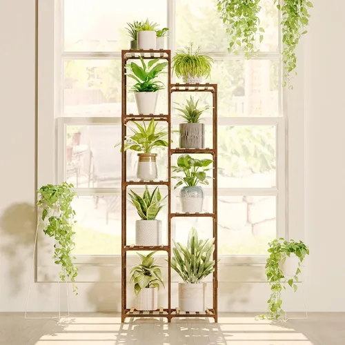 Vista 20 de Bamworld - Soporte esquinero para plantas de interior y exterior, mesa pequeña para varias plantas, estante de madera para jardín, patio, césped